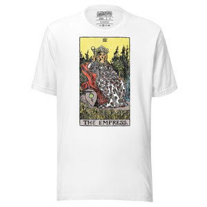 The Empress tarot card, crowned figure enthroned with Venus shield and scepter, wheat field and forest behind her, Rider-Waite style, Artificial Perdition