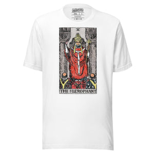 The Hierophant tarot card, triple-crowned figure seated between pillars with crossed keys and kneeling acolytes, Rider-Waite style, Artificial Perdition