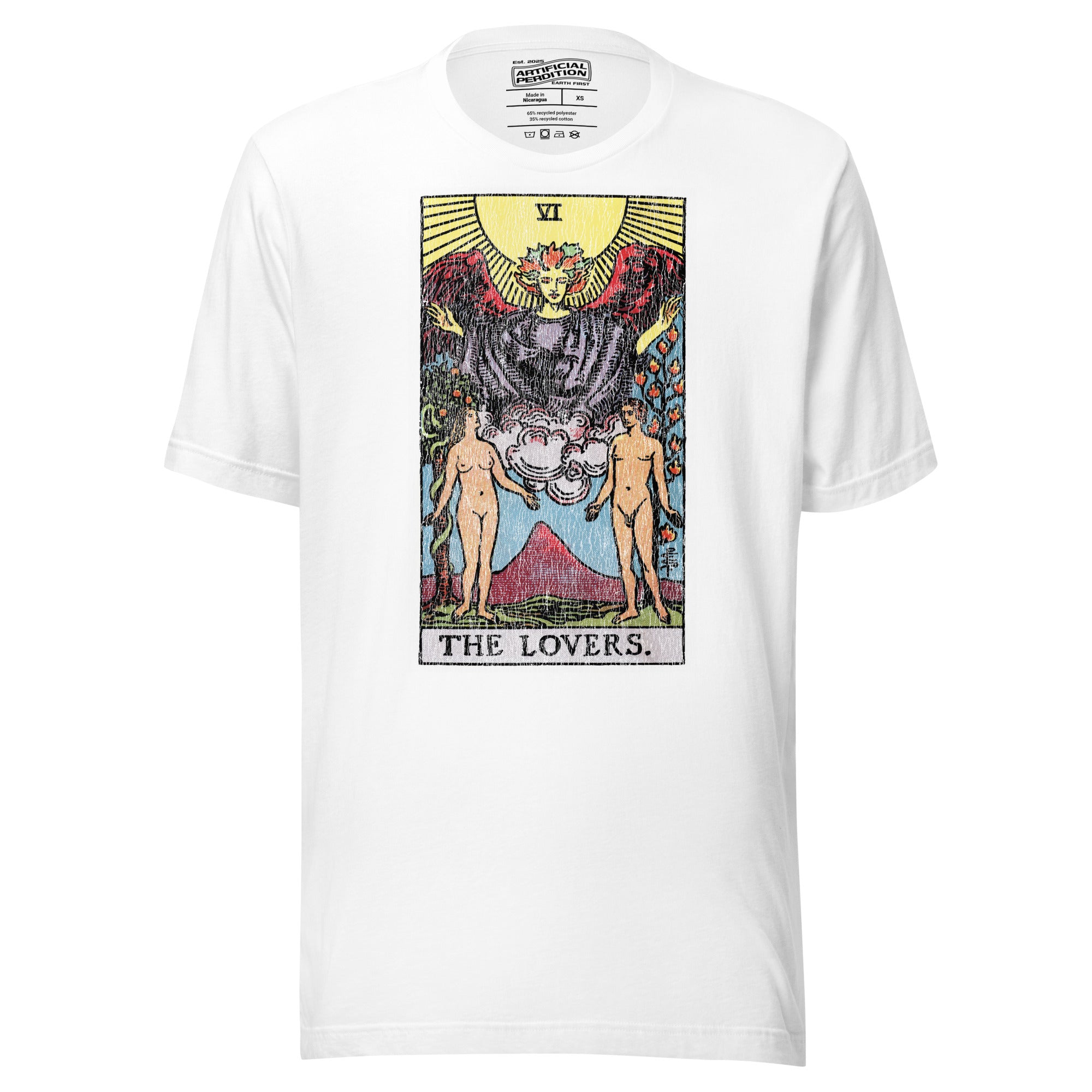 The Lovers tarot card, unveiled man and woman beneath winged figure with Tree of Life and serpent-wrapped Tree of Knowledge, Rider-Waite style, Artificial Perdition