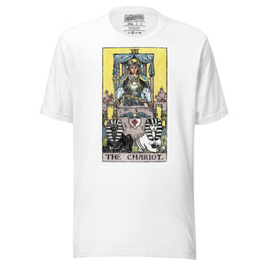 The Chariot tarot card, armored figure with starred crown riding chariot drawn by black and white sphinxes, city walls behind, Rider-Waite style, Artificial Perdition
