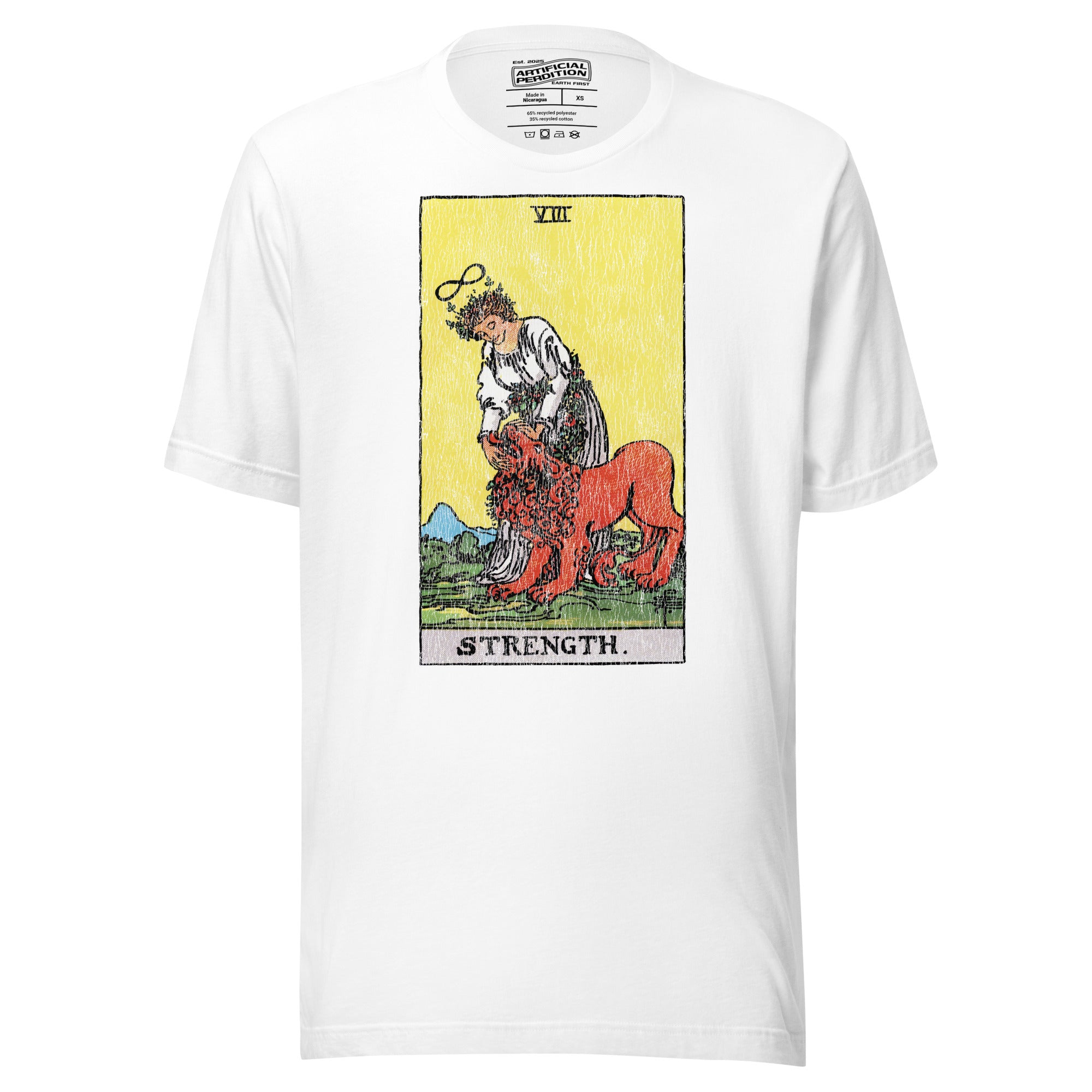 Strength tarot card, woman closing the jaws of a lion with chain of flowers and infinity symbol overhead, Rider-Waite style, Artificial Perdition
