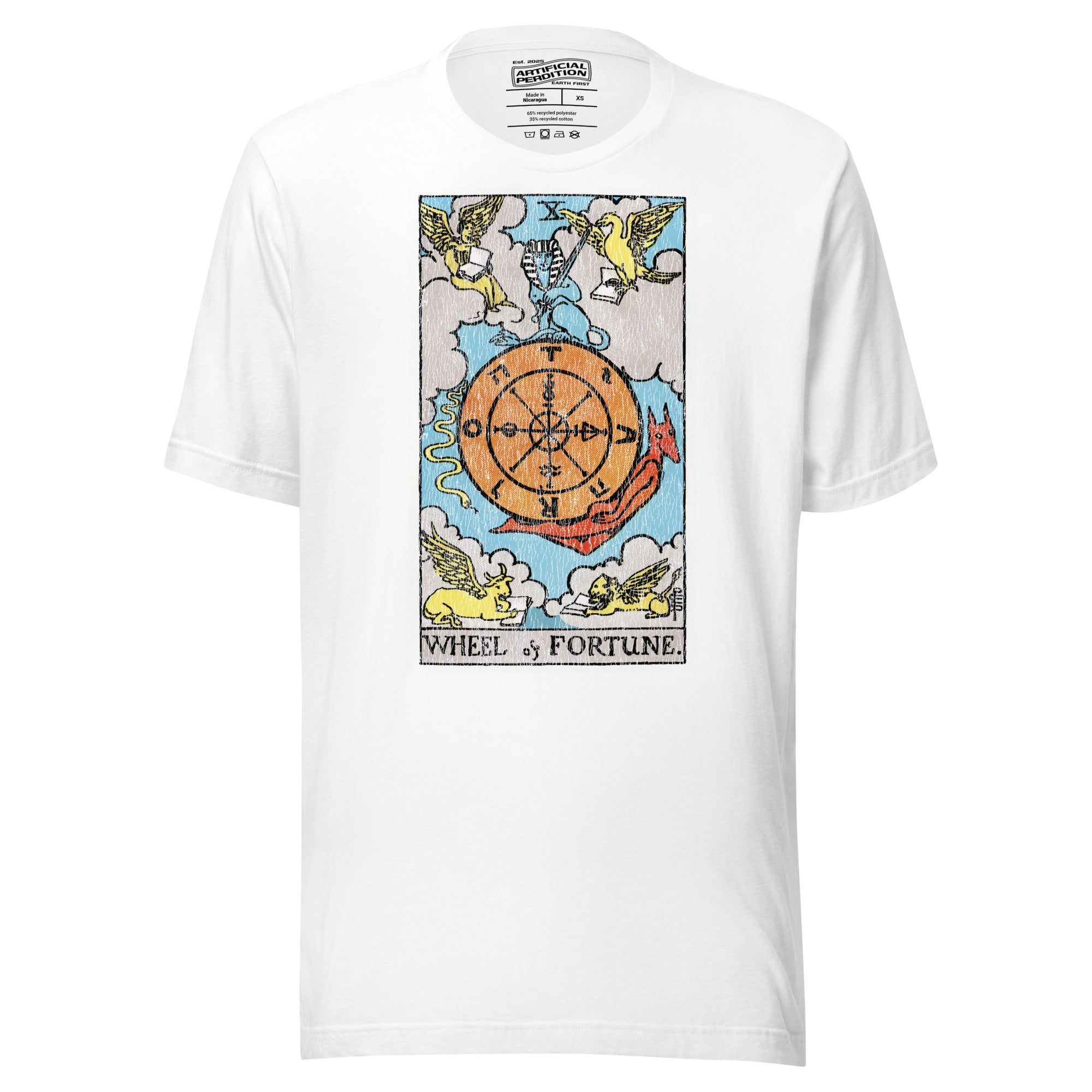 Wheel of Fortune tarot card, sphinx atop a turning wheel flanked by four creatures, Rider-Waite style, Artificial Perdition
