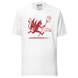 Artificial Perdition devil mascot, red illustrated devil mid-stride with trident and brand name, hand-drawn style on black, official logo tee