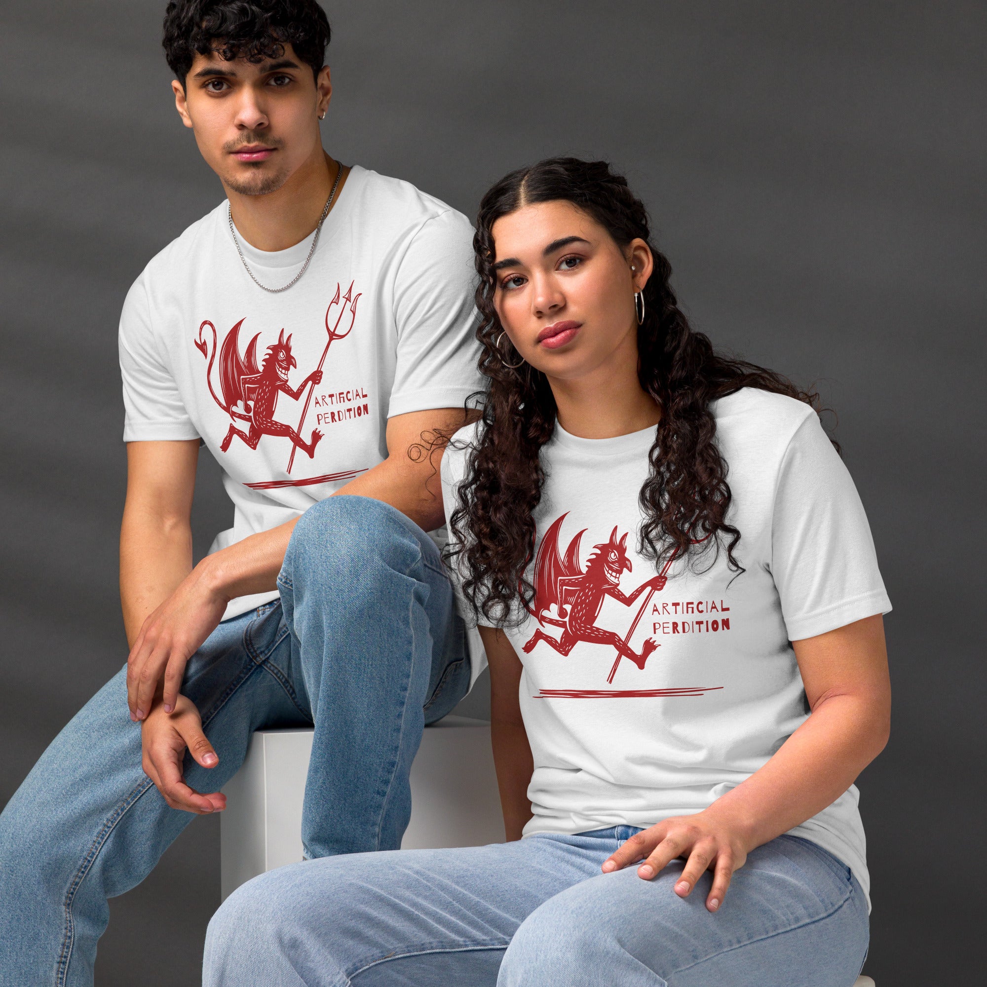 Artificial Perdition devil mascot, red illustrated devil mid-stride with trident and brand name, hand-drawn style on black, official logo tee