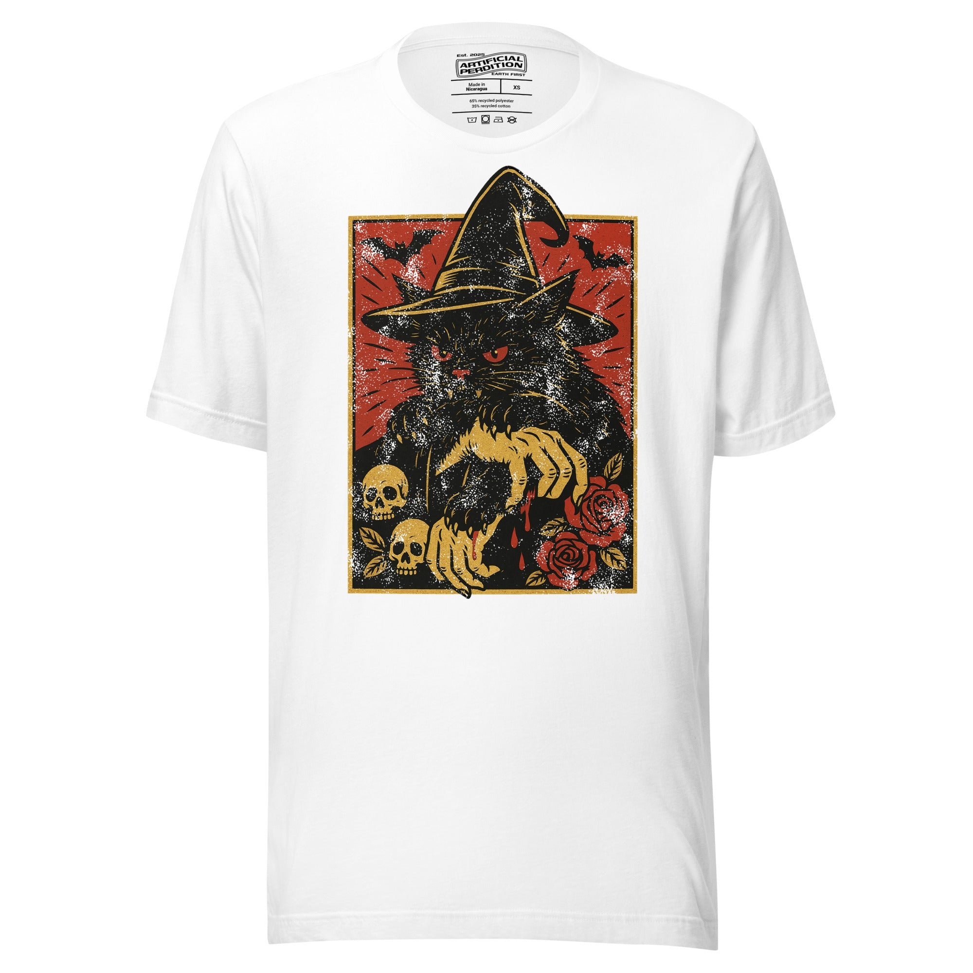 Black cat in witch hat with vampire fangs and skeletal dripping claws, skulls and roses flanking, bats in red sky, horror tattoo flash style, Artificial Perdition