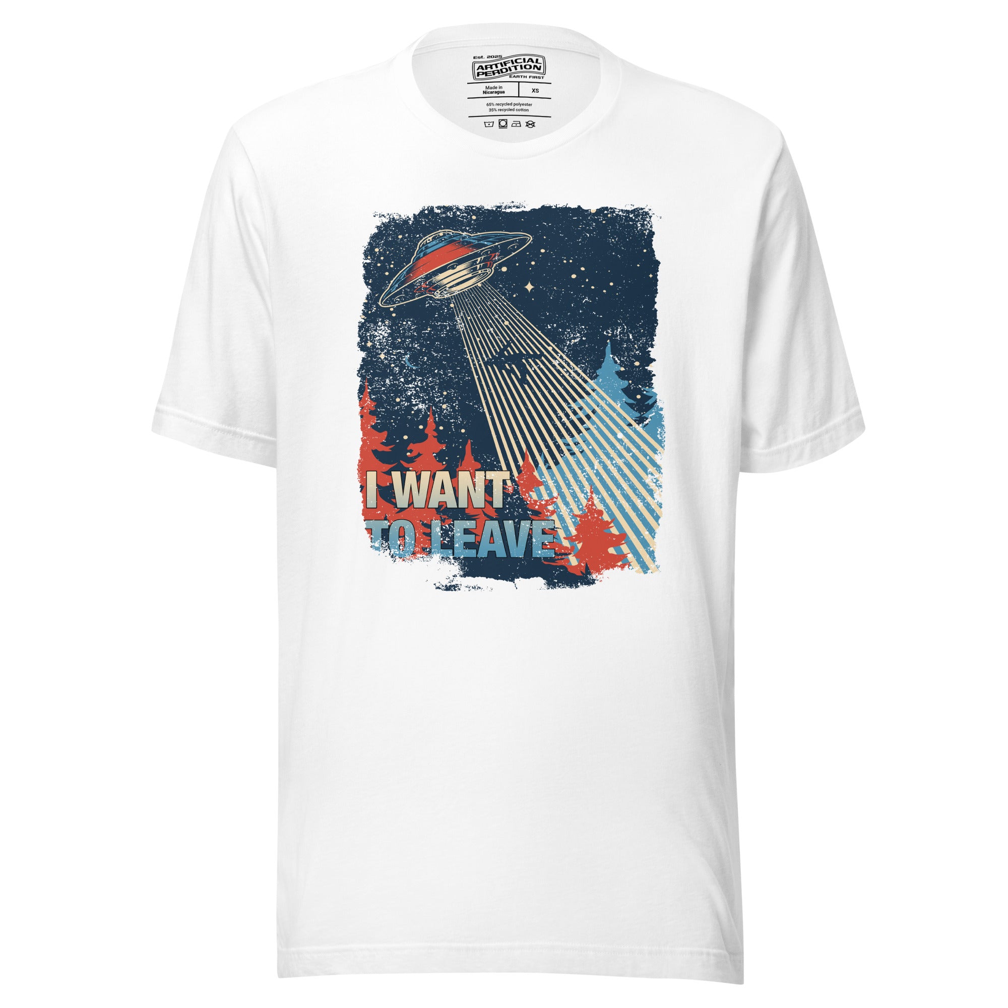 Retro poster style UFO beaming down into a midnight forest with I WANT TO LEAVE text, red and blue palette, Artificial Perdition apparel