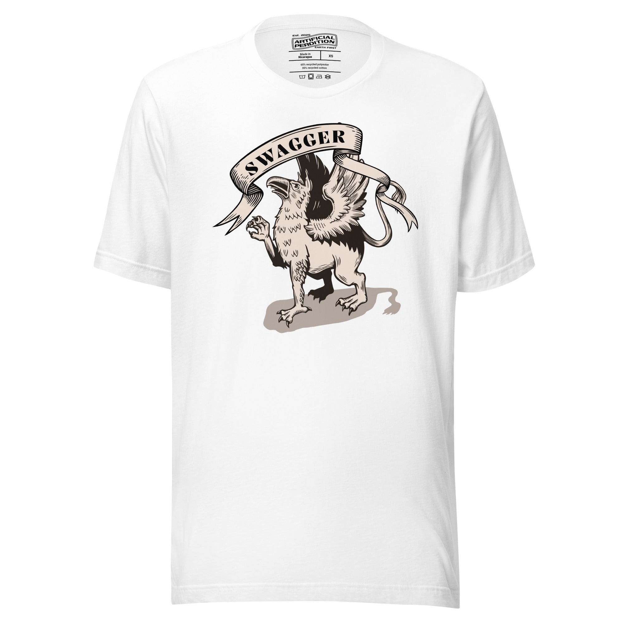 Rampant griffin in heraldic engraving style with Swagger banner ribbon, cream and black illustration, Artificial Perdition apparel