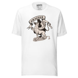 Rampant griffin in heraldic engraving style with Swagger banner ribbon, cream and black illustration, Artificial Perdition apparel