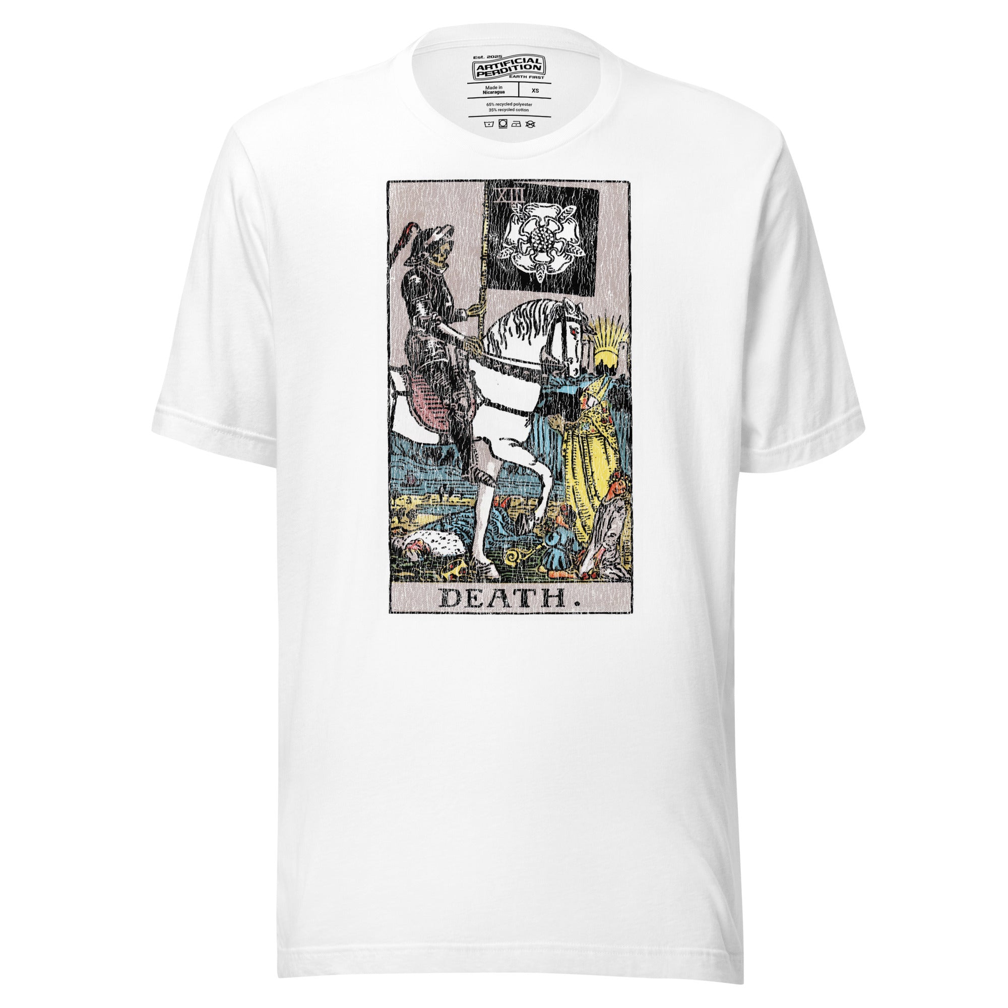 Death tarot card, skeletal horseman with black banner and white rose, figures fallen before him and sun rising on horizon, Rider-Waite style, Artificial Perdition