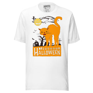 Orange arched Halloween cat hissing in graveyard scene with jack-o-lantern moon and bats, vintage poster style, Hissy Halloween, Artificial Perdition apparel