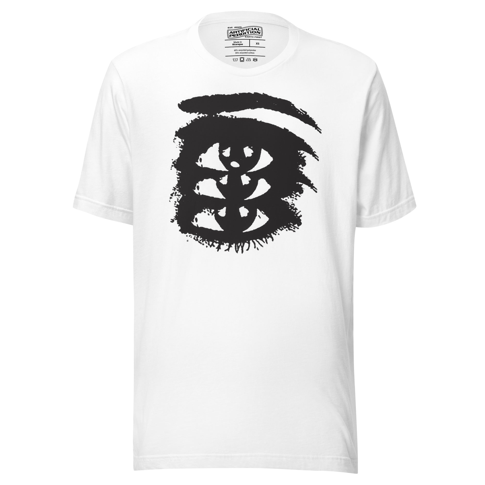 Rough ink brush stroke eye illustration in black and white, Thousand Yard Stare, high contrast graphic design, Artificial Perdition apparel