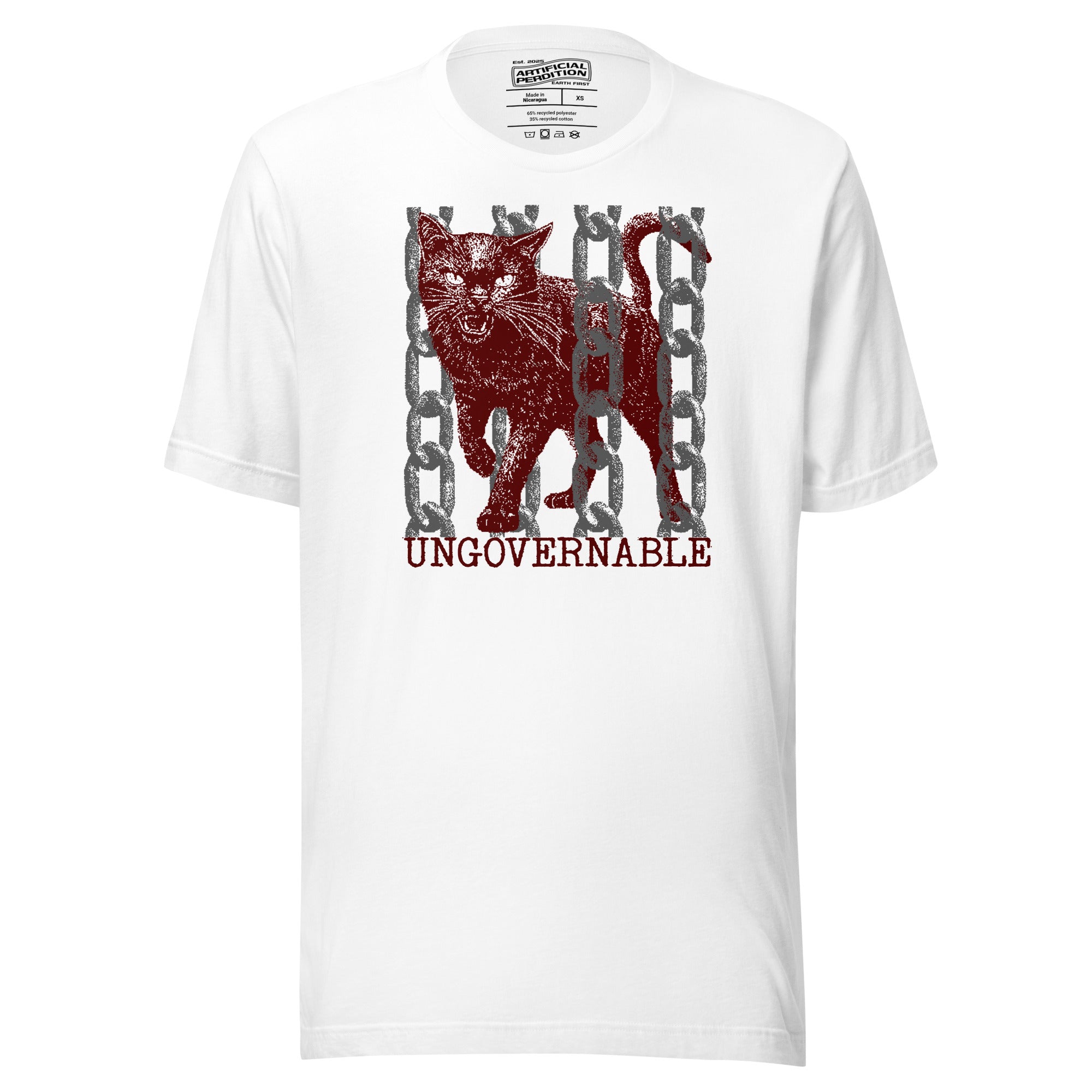 Snarling cat breaking through chains with UNGOVERNABLE text, dithered halftone red on cream, Artificial Perdition apparel