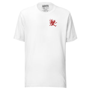 Artificial Perdition devil mascot, red illustrated devil mid-stride with trident and brand name, hand-drawn style on black, official logo tee