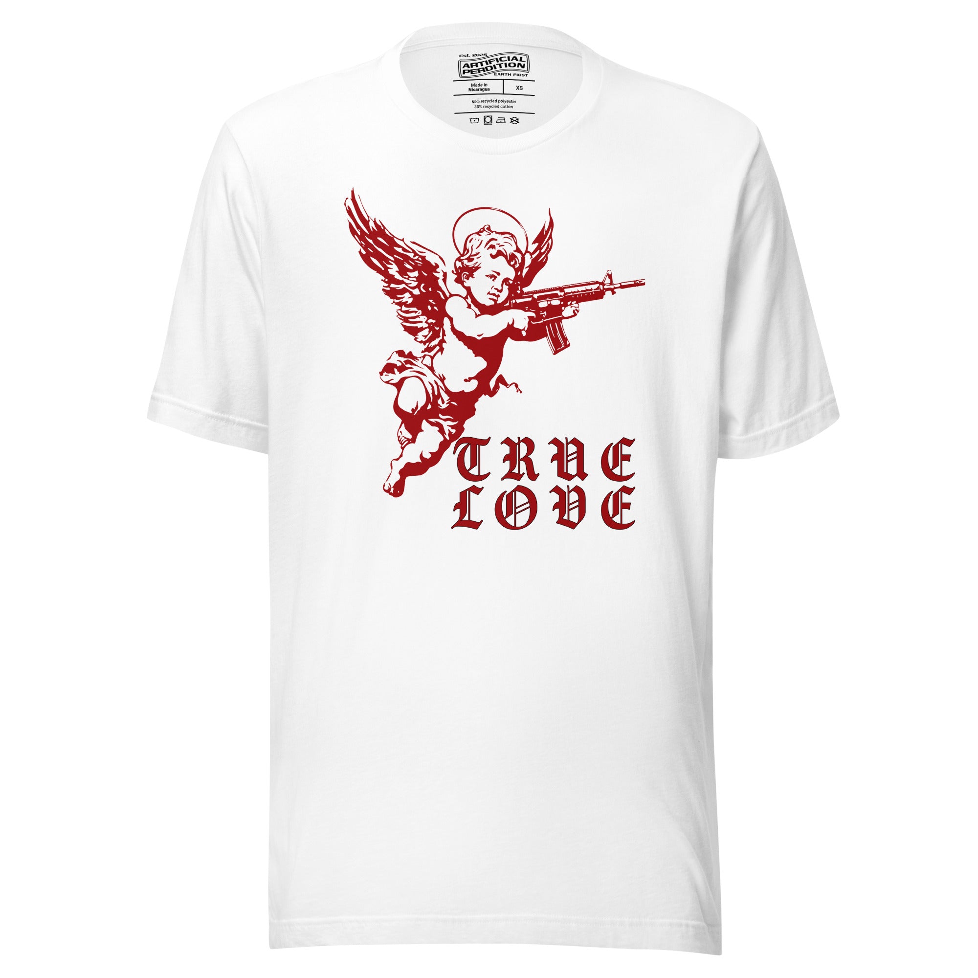 The cherub traded the bow for something heavier. True Love was never gentle. Dark irony apparel from Artificial Perdition.