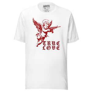 The cherub traded the bow for something heavier. True Love was never gentle. Dark irony apparel from Artificial Perdition.
