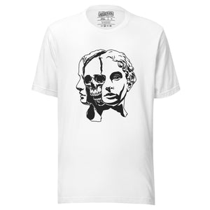 Split face illustration, half classical sculpture bust and half skull, black and white high contrast, Dead Inside, Artificial Perdition apparel