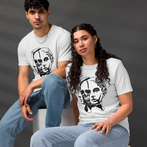 Split face illustration, half classical sculpture bust and half skull, black and white high contrast, Dead Inside, Artificial Perdition apparel