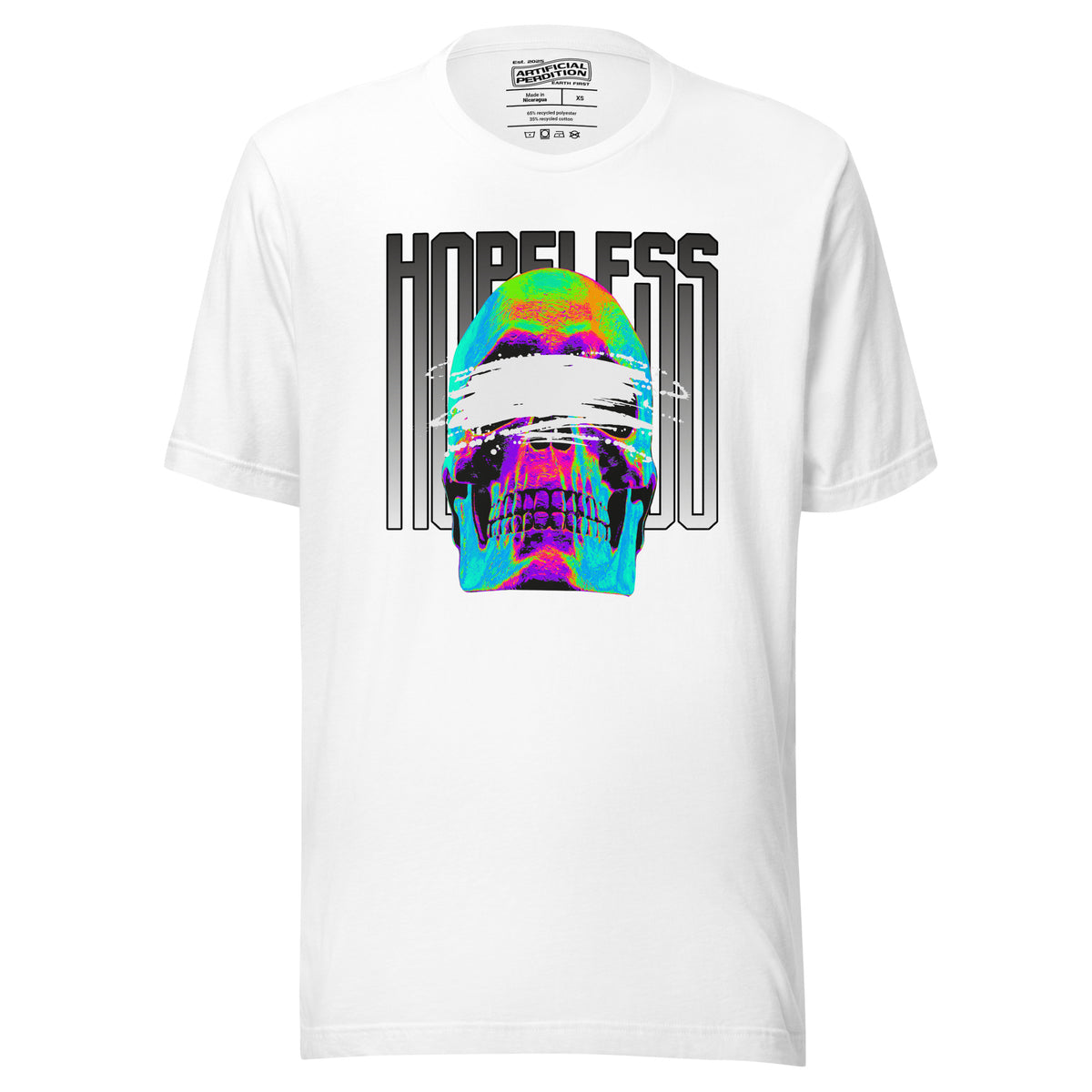 A blindfolded skull in thermal color, bold chrome lettering. Hopeless is a choice, not a diagnosis. Dark apparel from Artificial Perdition.