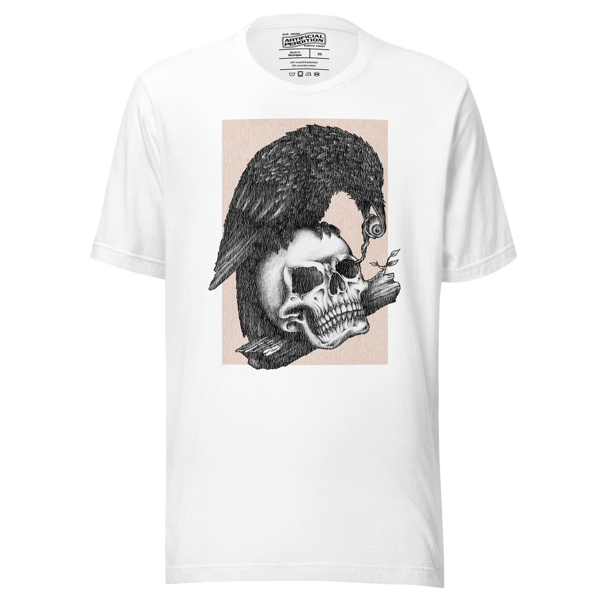 Graphite illustration of a black corvid perched on a human skull removing the eye, sprouting branch beside it, Last Look, Artificial Perdition apparel