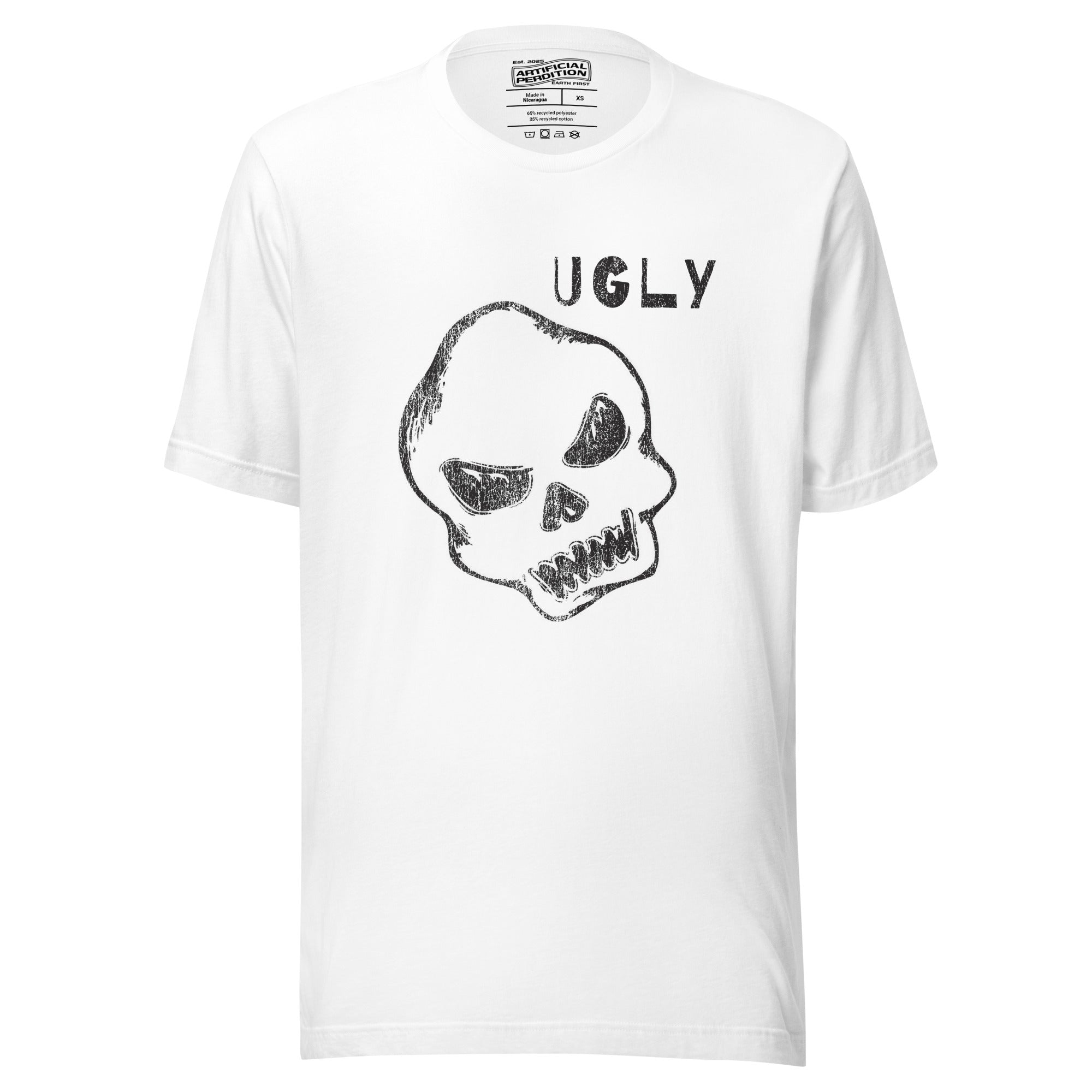Crude hand-drawn skull with mismatched eye sockets and UGLY text in the upper corner, anti-polish graphic design, Artificial Perdition apparel
