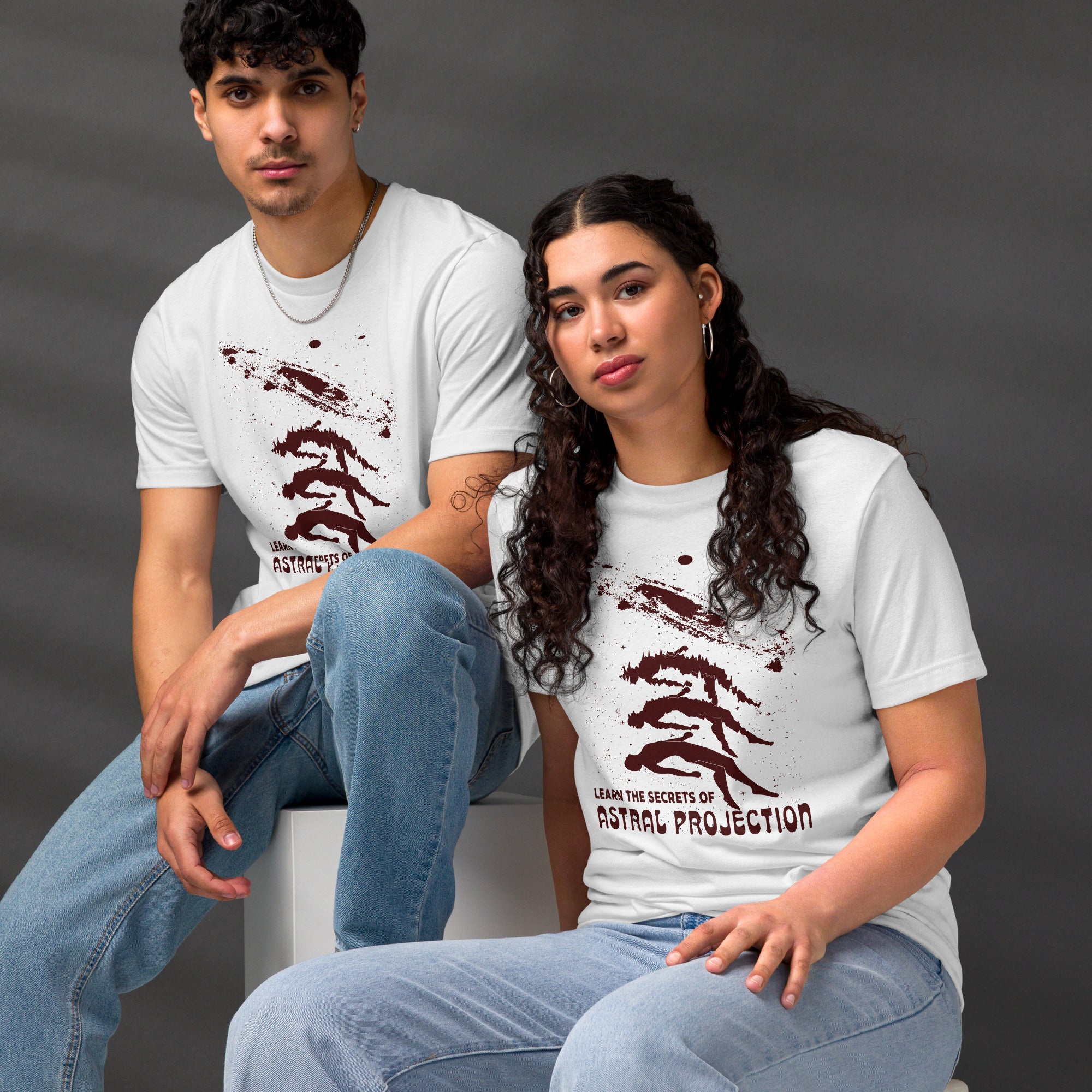 Three figures rising from a reclining body toward a spiral galaxy with Learn the Secrets of Astral Projection text, retro occult advertisement style, Artificial Perdition apparel
