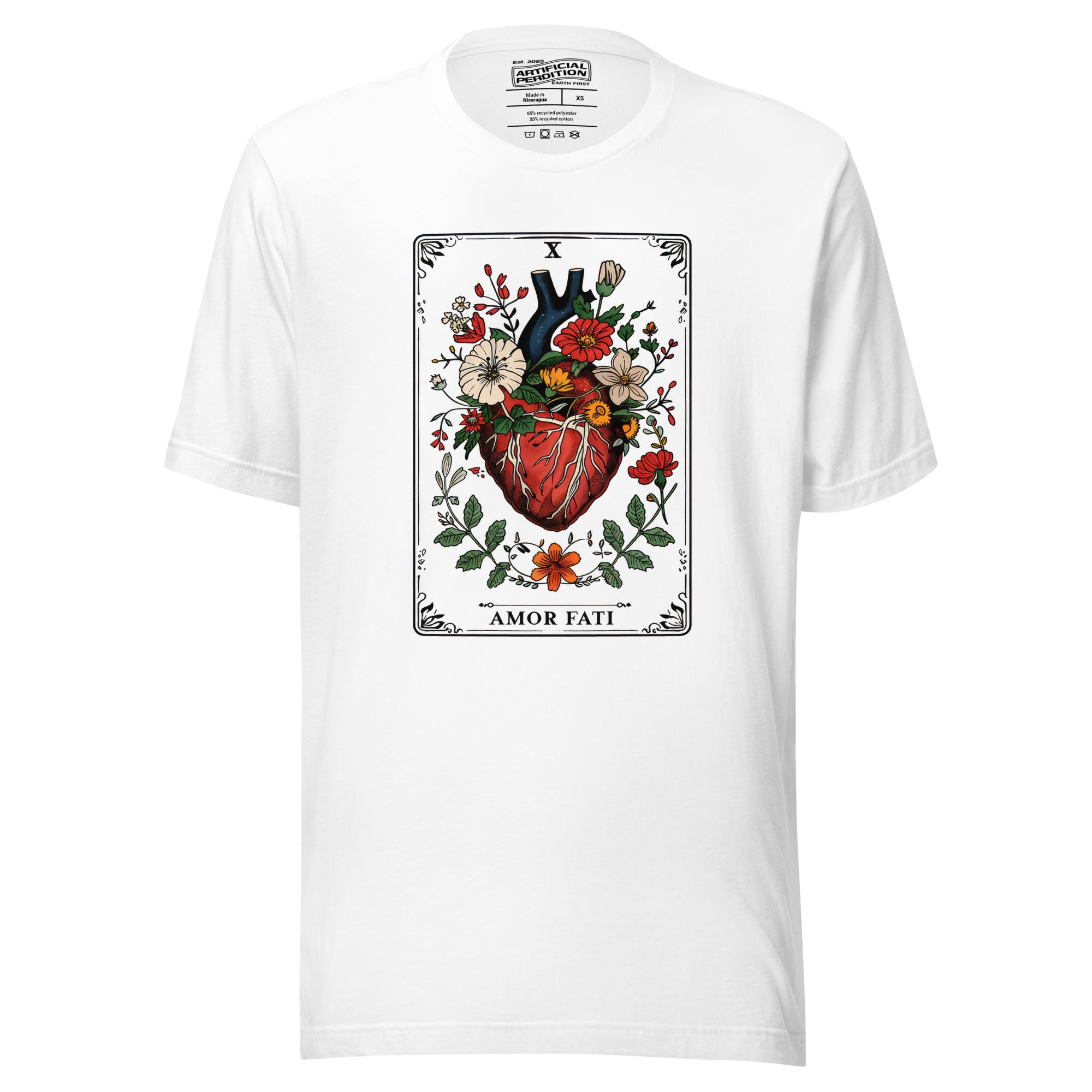 Tarot card illustration numbered X with an anatomical heart in bloom surrounded by wildflowers and vines, Amor Fati, Artificial Perdition apparel