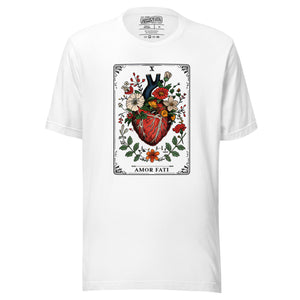 Tarot card illustration numbered X with an anatomical heart in bloom surrounded by wildflowers and vines, Amor Fati, Artificial Perdition apparel