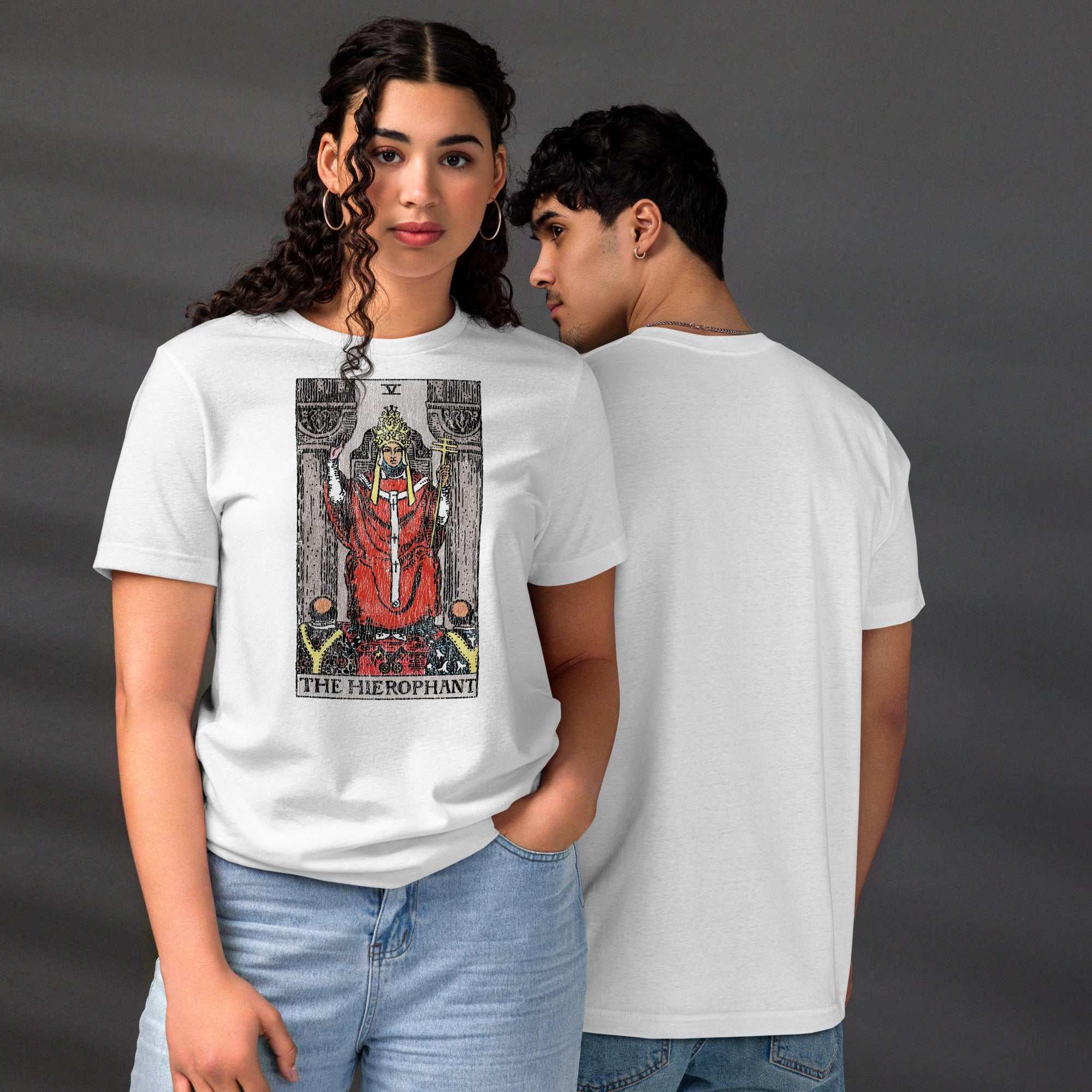 The Hierophant tarot card, triple-crowned figure seated between pillars with crossed keys and kneeling acolytes, Rider-Waite style, Artificial Perdition