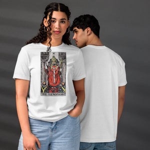 The Hierophant tarot card, triple-crowned figure seated between pillars with crossed keys and kneeling acolytes, Rider-Waite style, Artificial Perdition