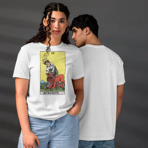 Strength tarot card, woman closing the jaws of a lion with chain of flowers and infinity symbol overhead, Rider-Waite style, Artificial Perdition