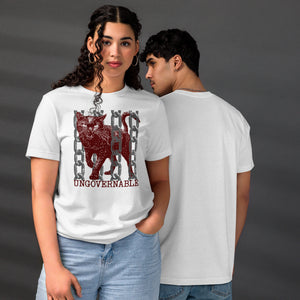 Snarling cat breaking through chains with UNGOVERNABLE text, dithered halftone red on cream, Artificial Perdition apparel