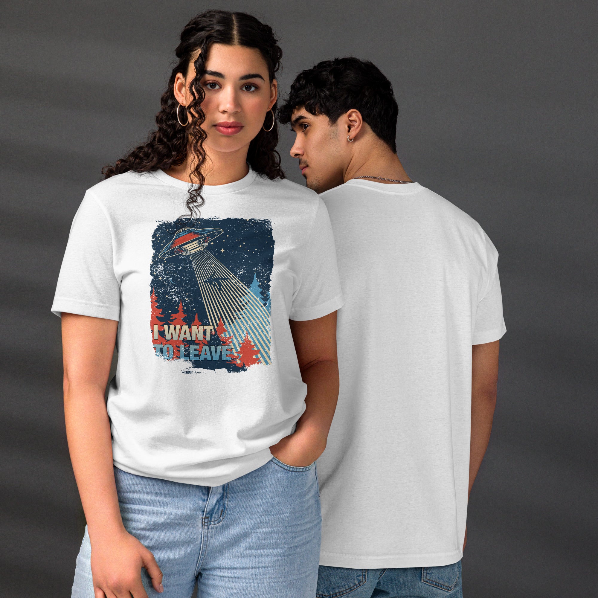 Retro poster style UFO beaming down into a midnight forest with I WANT TO LEAVE text, red and blue palette, Artificial Perdition apparel