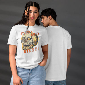 Die-cut skull with amber eyes and dripping orange horror font reading EVERY BODY DIES, vintage pulp style, Artificial Perdition apparel
