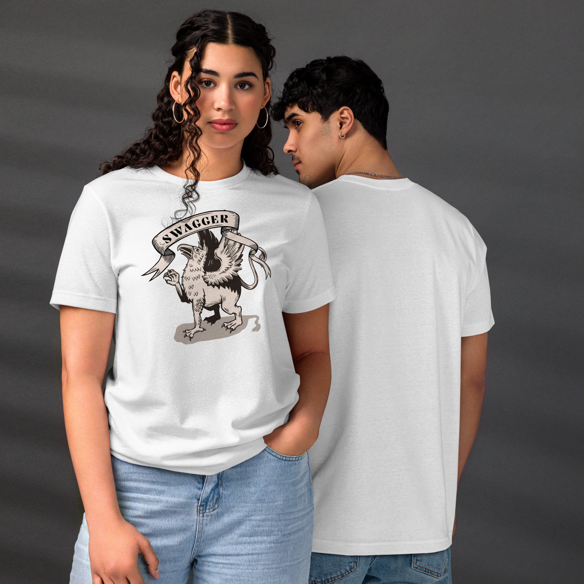 Rampant griffin in heraldic engraving style with Swagger banner ribbon, cream and black illustration, Artificial Perdition apparel