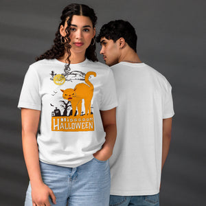 Orange arched Halloween cat hissing in graveyard scene with jack-o-lantern moon and bats, vintage poster style, Hissy Halloween, Artificial Perdition apparel