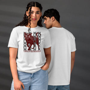 Snarling cat breaking through chains with UNGOVERNABLE text, dithered halftone red on cream, Artificial Perdition apparel