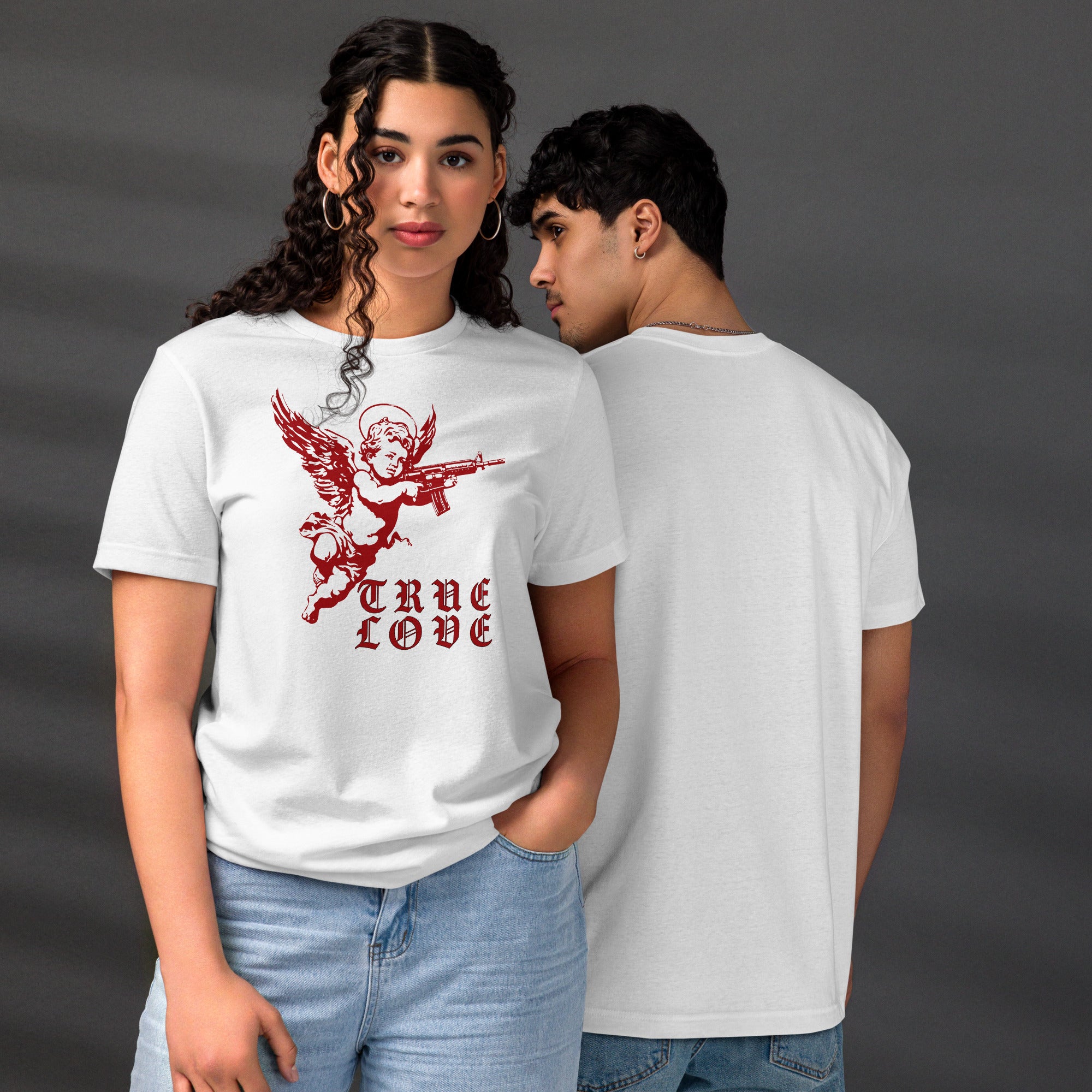The cherub traded the bow for something heavier. True Love was never gentle. Dark irony apparel from Artificial Perdition.