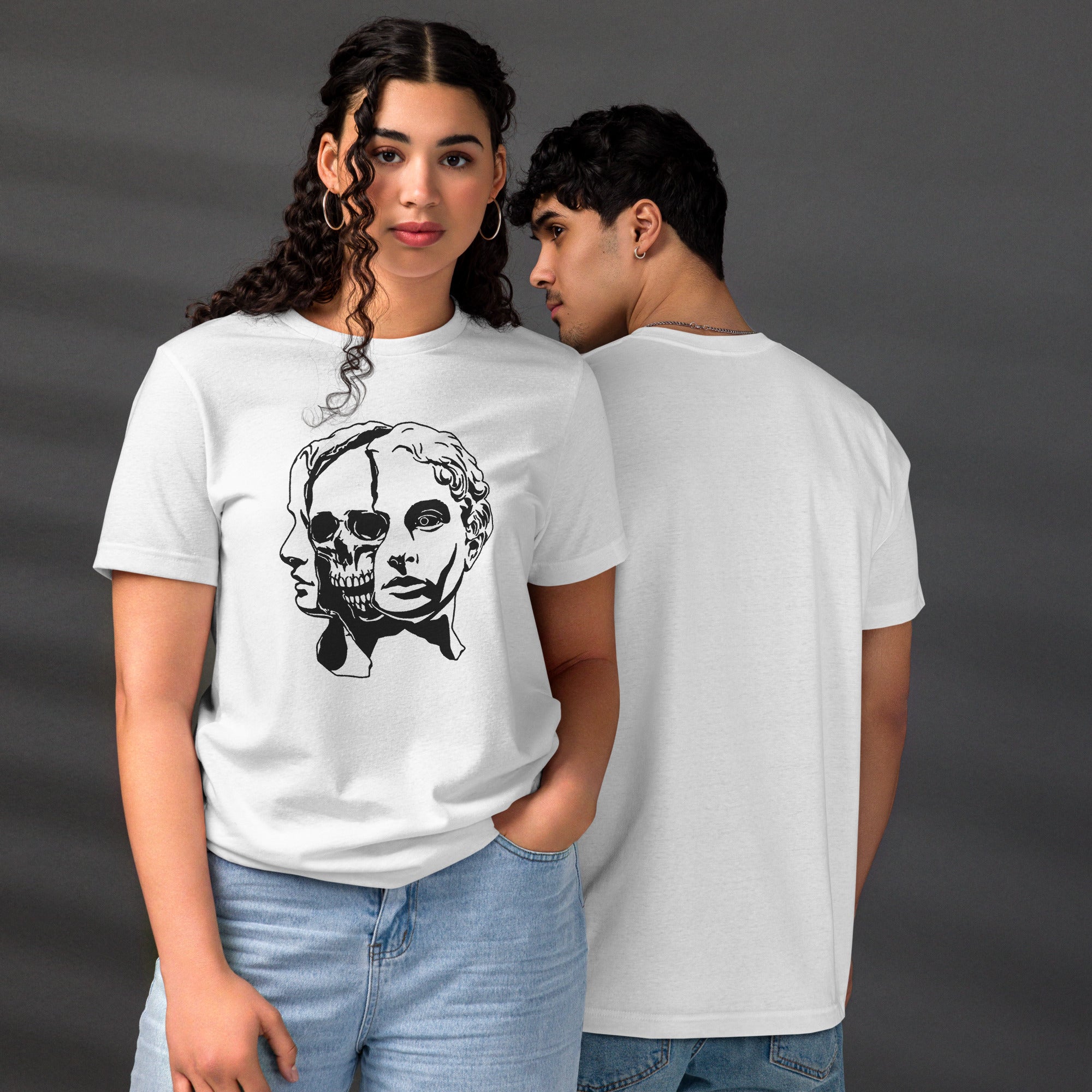 Split face illustration, half classical sculpture bust and half skull, black and white high contrast, Dead Inside, Artificial Perdition apparel