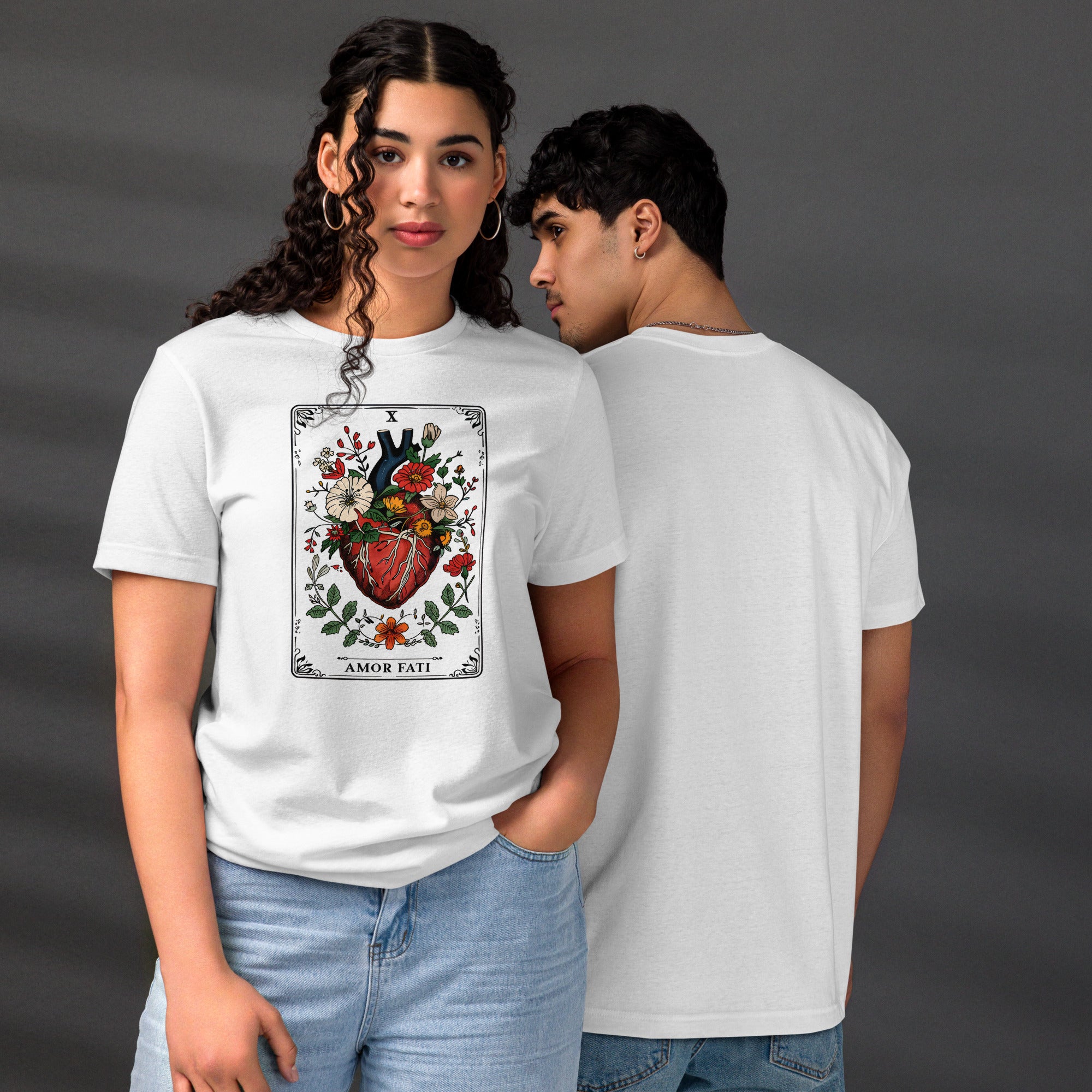 Tarot card illustration numbered X with an anatomical heart in bloom surrounded by wildflowers and vines, Amor Fati, Artificial Perdition apparel