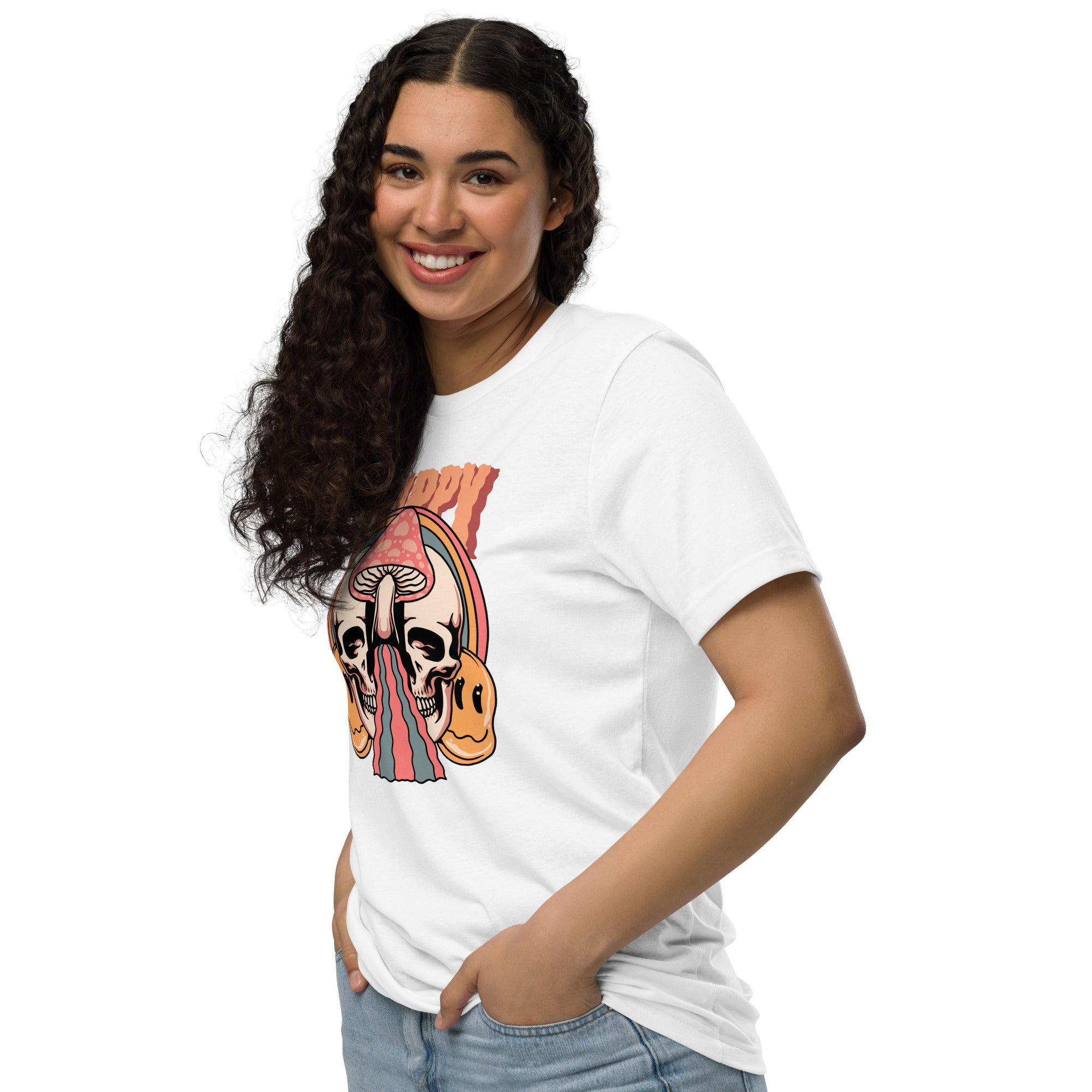 Split skull and mushroom design with melting psychedelic flow and smiley faces. Soft recycled tee with eco-friendly inks. Trippy, liminal, bold.