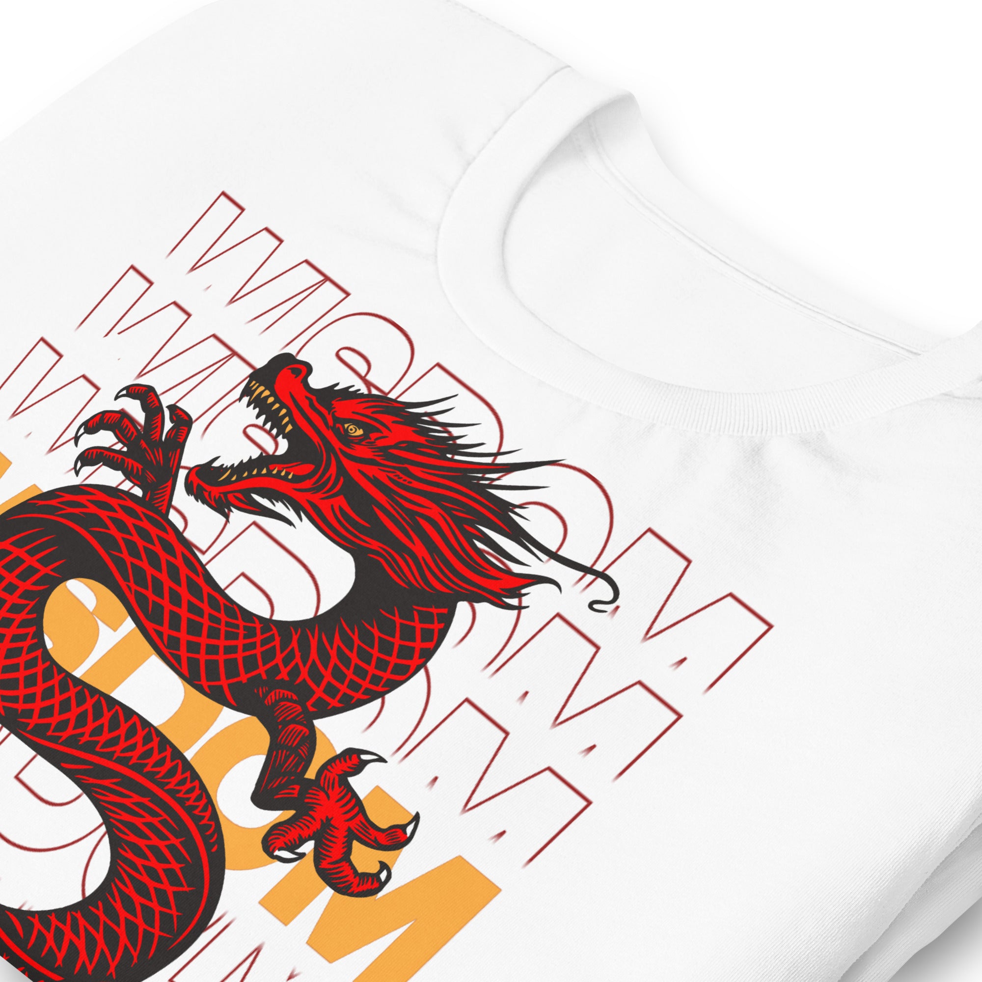 Red and black Chinese dragon with katana and WISDOM typography, bold graphic apparel design by Artificial Perdition
