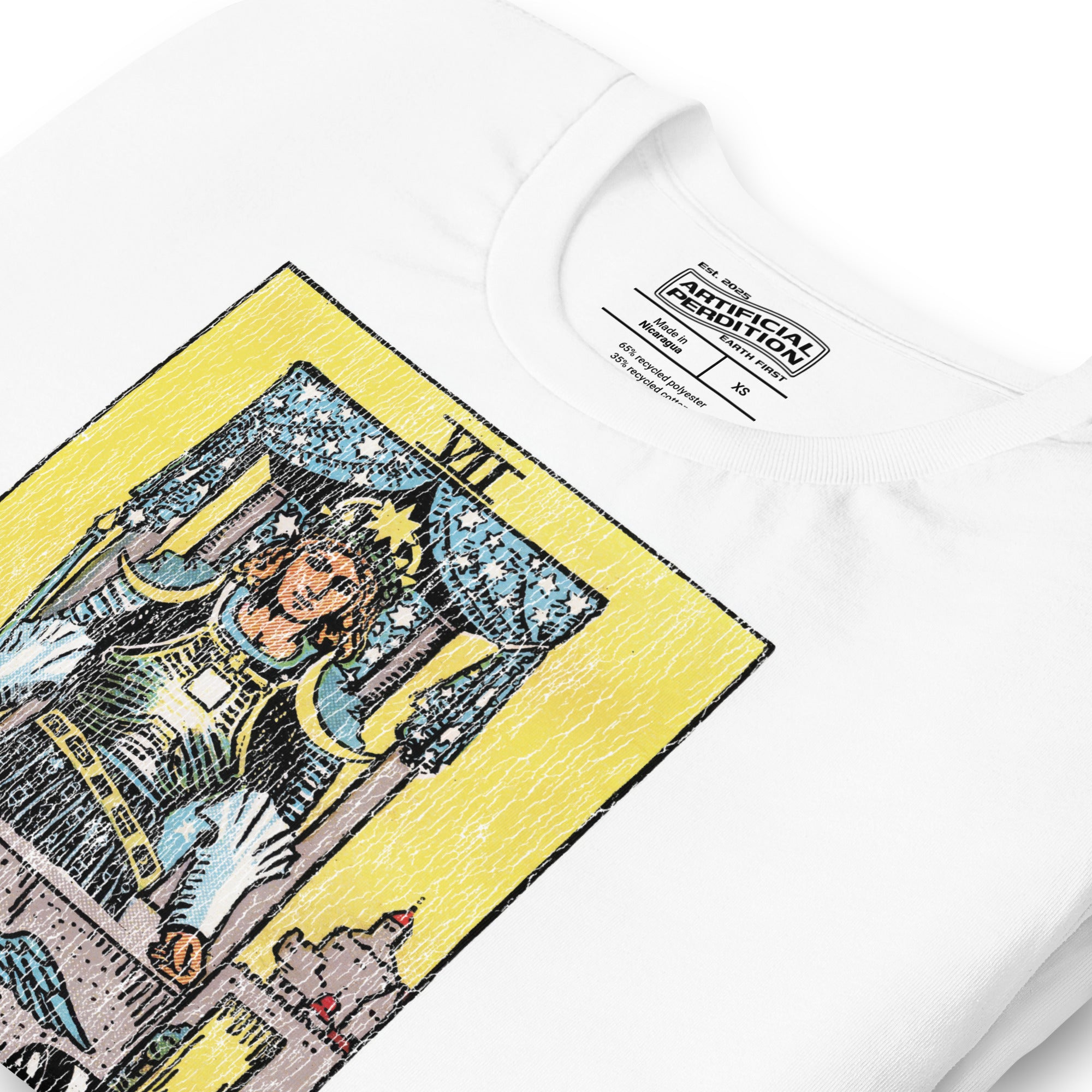 Product mockupThe Chariot tarot card, armored figure with starred crown riding chariot drawn by black and white sphinxes, city walls behind, Rider-Waite style, Artificial Perdition