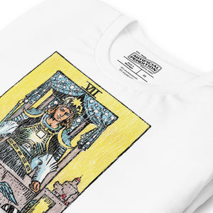 Product mockupThe Chariot tarot card, armored figure with starred crown riding chariot drawn by black and white sphinxes, city walls behind, Rider-Waite style, Artificial Perdition