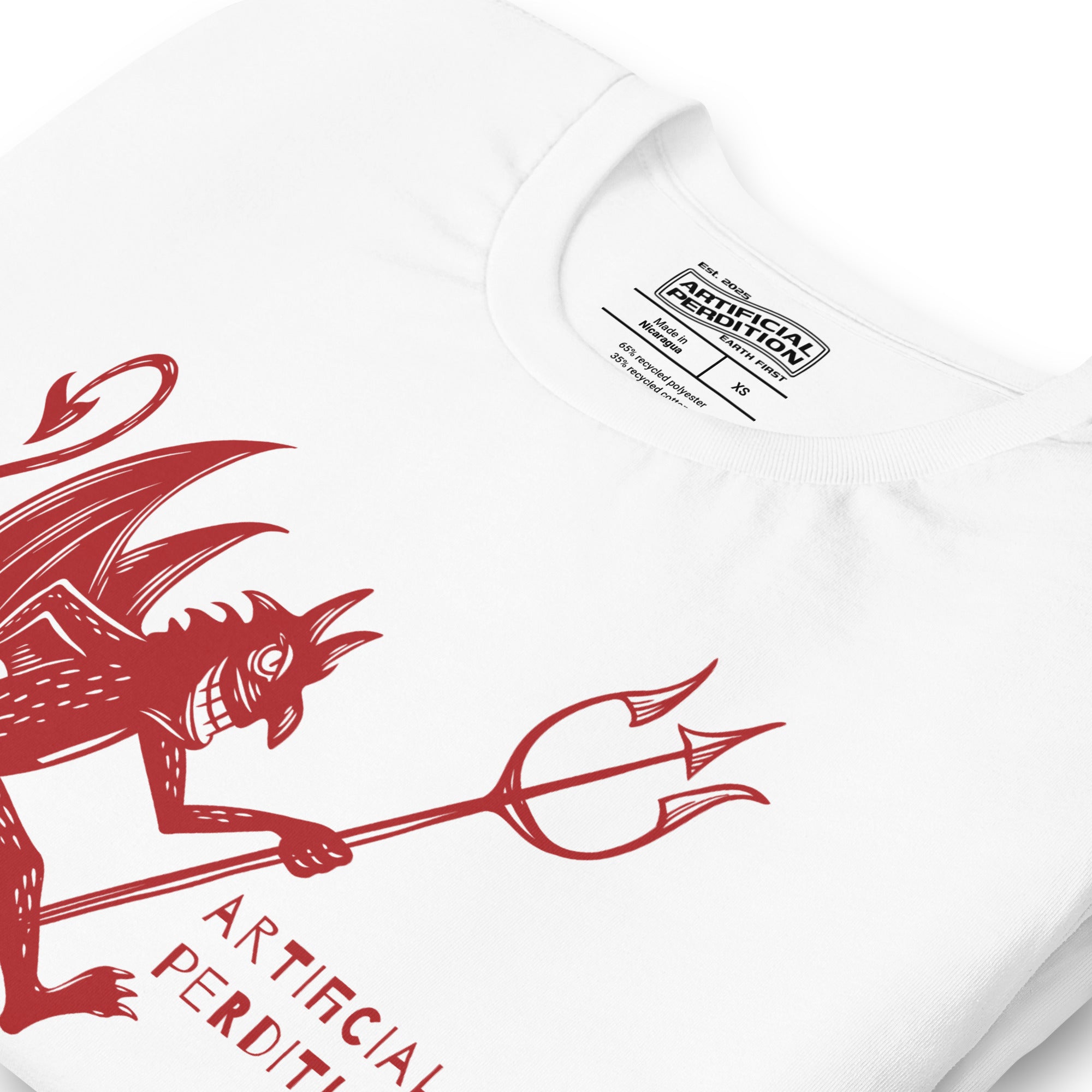 Artificial Perdition devil mascot, red illustrated devil mid-stride with trident and brand name, hand-drawn style on black, official logo tee