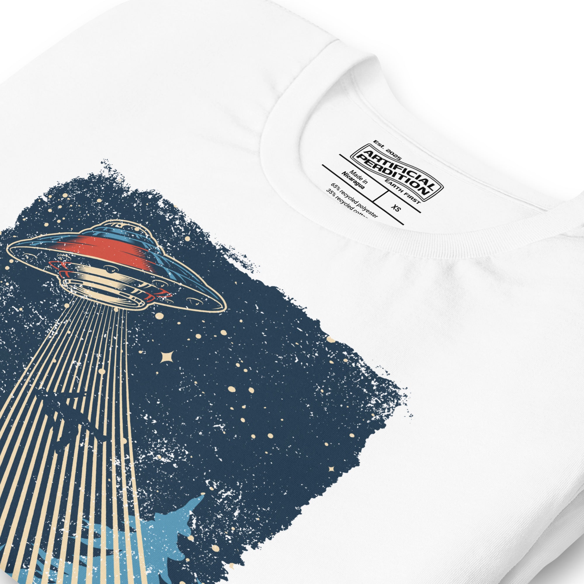 Retro poster style UFO beaming down into a midnight forest with I WANT TO LEAVE text, red and blue palette, Artificial Perdition apparel