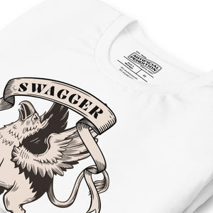 Rampant griffin in heraldic engraving style with Swagger banner ribbon, cream and black illustration, Artificial Perdition apparel