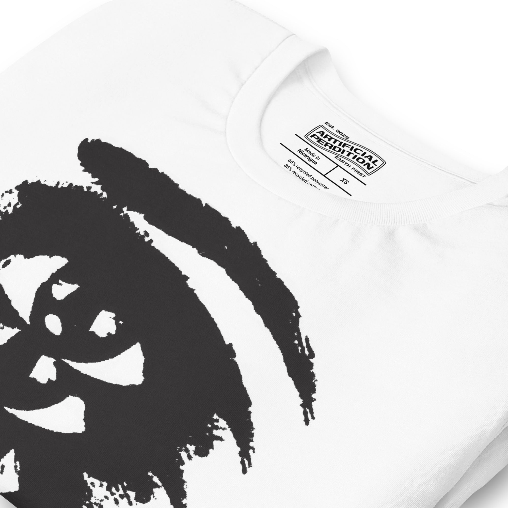 Rough ink brush stroke eye illustration in black and white, Thousand Yard Stare, high contrast graphic design, Artificial Perdition apparel