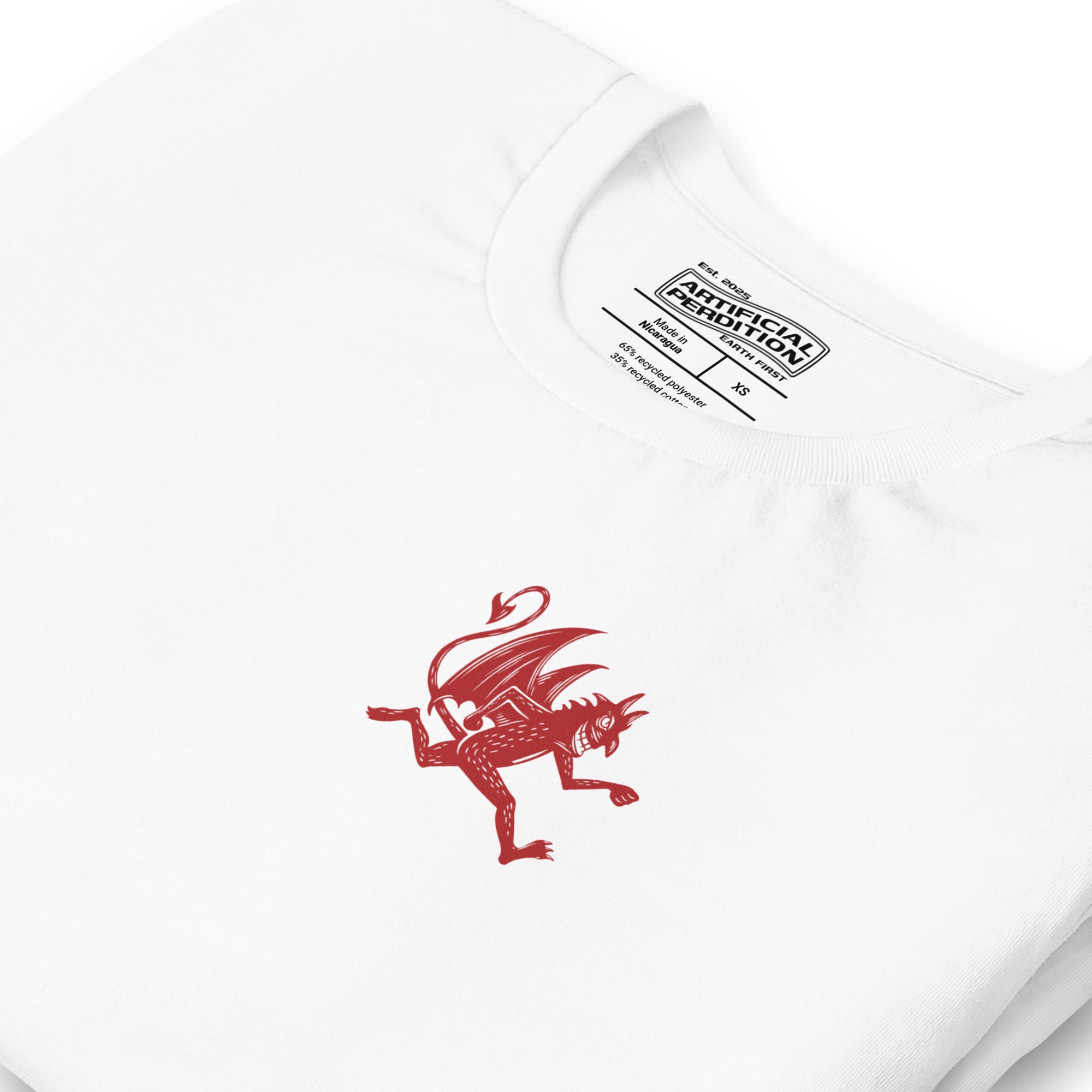 Artificial Perdition devil mascot, red illustrated devil mid-stride with trident and brand name, hand-drawn style on black, official logo tee