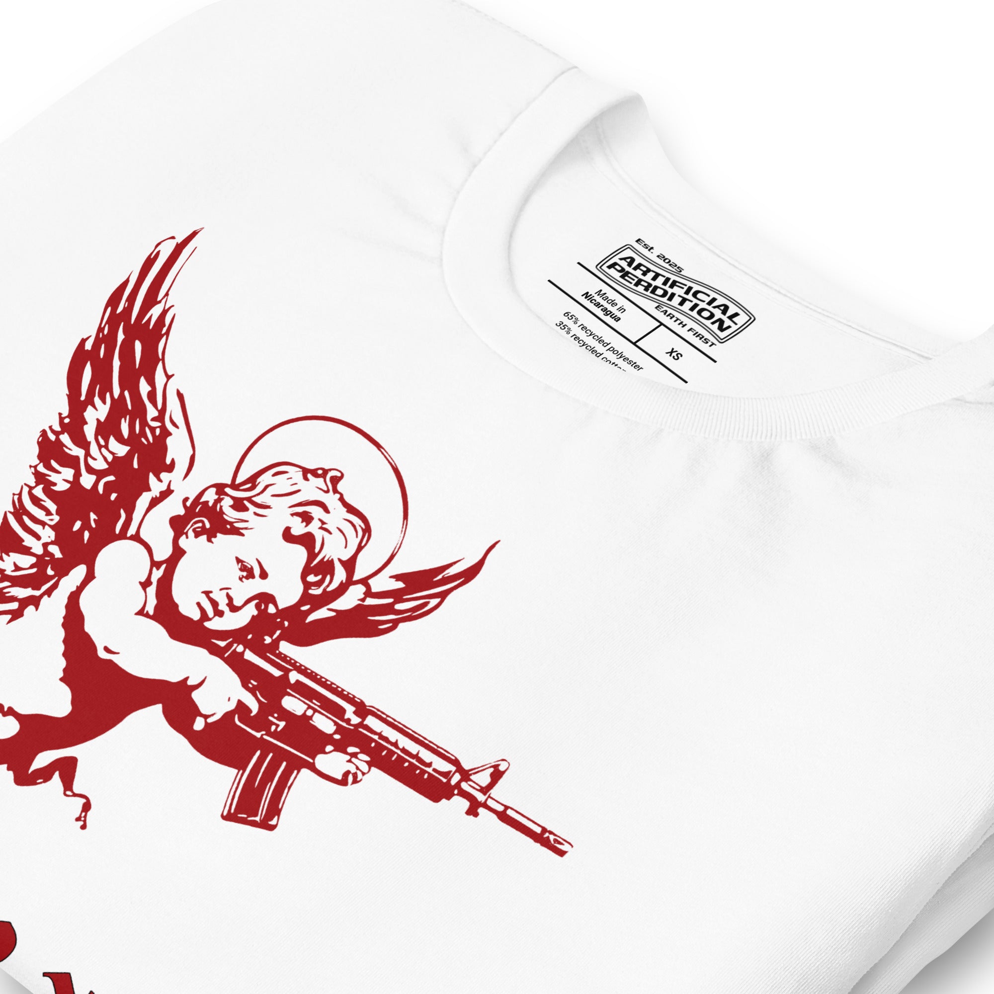 The cherub traded the bow for something heavier. True Love was never gentle. Dark irony apparel from Artificial Perdition.