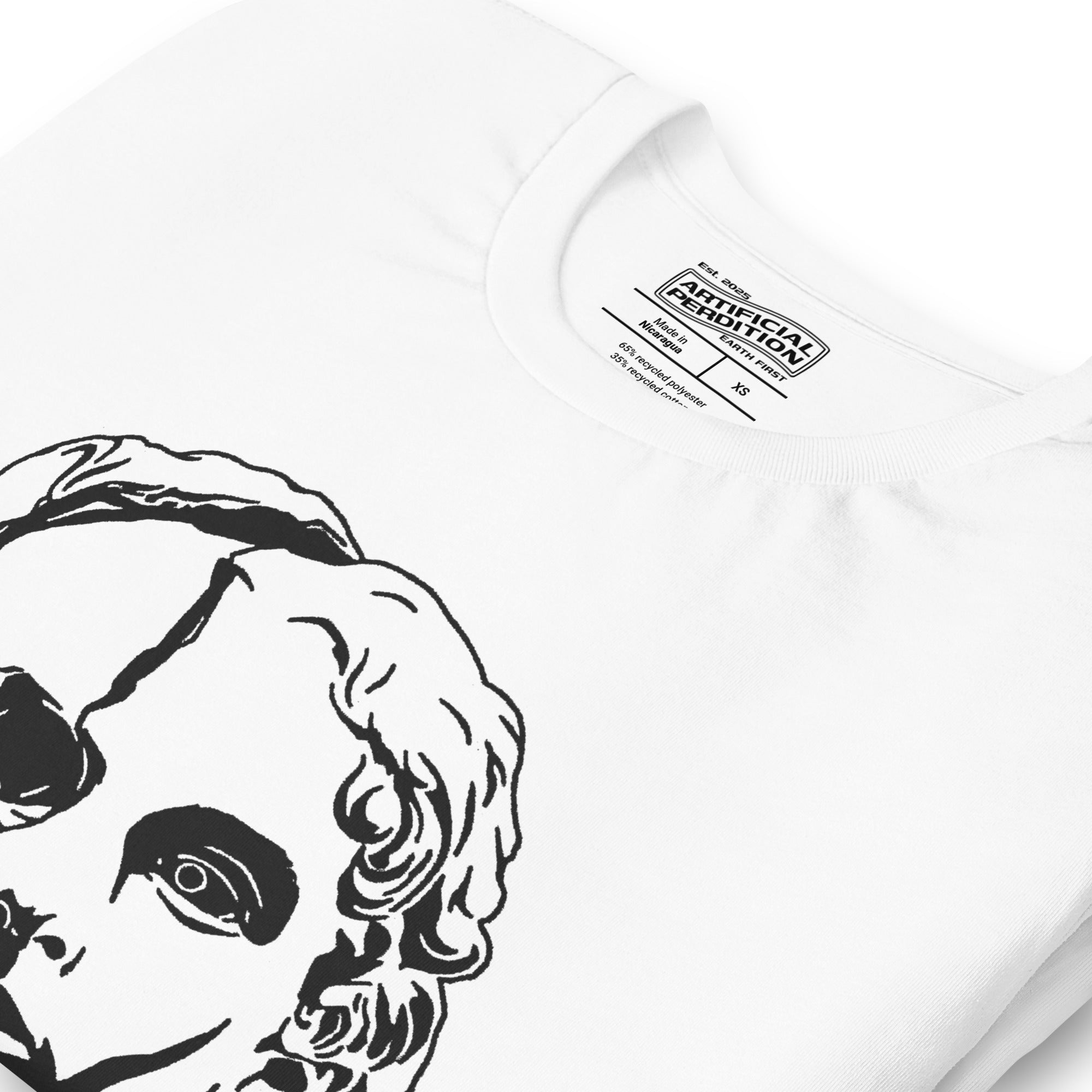 Split face illustration, half classical sculpture bust and half skull, black and white high contrast, Dead Inside, Artificial Perdition apparel
